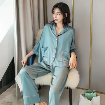 V Neck Nightwear Sleep Set Pajamas Ice Silk Printing Long Sleeve Homewear  Sleepwear Shirt Pant Outside 2Pcs Loose Homewear - AliExpress