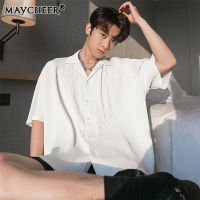 MAYCHEER   เสื้อเสื้อเชิ้ตแขนสั้นเสื้อเชิ้ตผู้ชายศิลปะอารมณ์สีทึบเสื้อเชิ้ตผู้ชายผู้ชายแฟชั่น