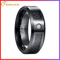 BONLAVIE 8mm Mens Black Tungsten Carbide Rings with CZ Inlay Carbon Fiber Wedding Band Beveled Edge Comfort Fit Size 6-15