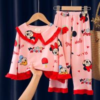 HOT★Disney Mickey Mouse Minnie ชุดนอนเด็กชุดนอนแขนยาวเจ้าหญิงเด็กสาวชุดสาว Nightclothes ชุด