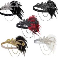 1920S Flapper ชุดอุปกรณ์เสริม R Party Props GATSBY TON Headband สร้อยคอมุกสีขาว Feather Band สำหรับงานแต่งงาน