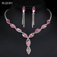 BLIJERY Fashion Pink Crystal Prom Wedding Jewelry Sets for Women Accessories Floral Tassel Necklace Earrings Bridal Jewelry Sets