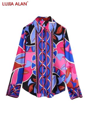 Women Vintage Patchwork Printing Satin Shirt Summer Female Long Sleeve Blouse Smock Loose Tops Blusas LUJIA ALAN B097