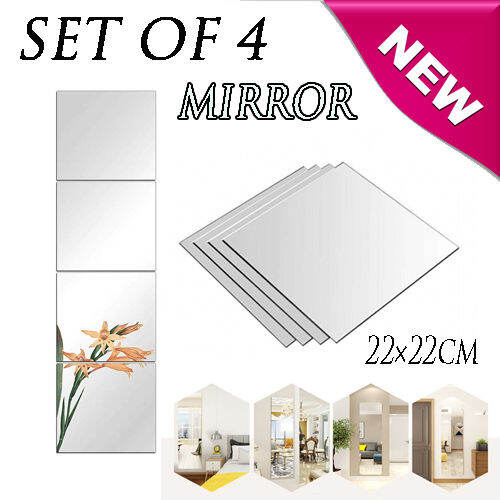 4pcs/set Glass Mirror Square Selfadhesive Wall Decal Mirror 22cm
