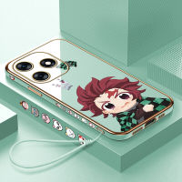 Mop Mall For Tecno Spark 10 Spark 10C ฟรีสายคล้องการ์ตูนอะนิเมะสังหารปีศาจ Tanjirou เคสชุบขอบสี่เหลี่ยมลายเคสโทรศัพท์หรูหราชุบเคสโทรศัพท์นิ่ม