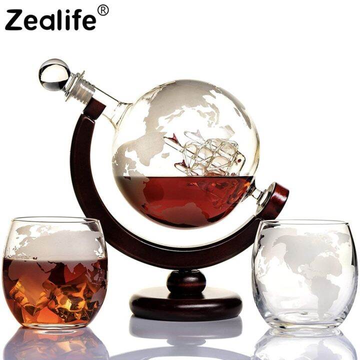 850Ml Whiskey Decanter Set LeadFree Carafe Exquisite WoodStand And 2