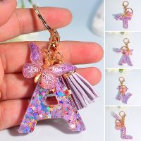 A To Z Purple Snowflakes Filled Letter Keychain Women Wallet Charms 26 Initials Alphabet Butterfly Tassel Pendant With Key Rings
