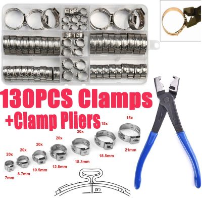 130pcs Stainless Steel Single Ear Stepless Hose Clamps Assortment Box Kit With Plier Crimp Pinch Rings for Securing Pipe Hoses