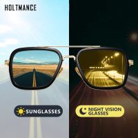 ♦ Square Vintage Designer Steam Punk Tony Stark Photochromic Sunglasses for Men Yellow Lens Driving Glasses Oculos De Sol Eyewear