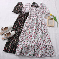 Summer French Floral Chiffon Dress Elastic-Waist Short-Sleeve Womens Mid-Length Dresses