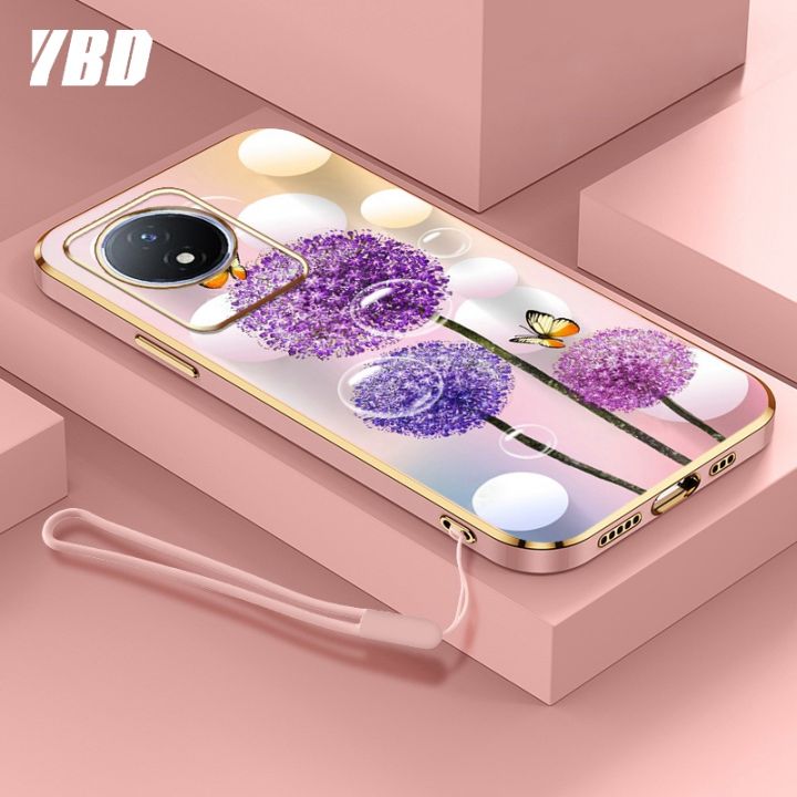 ybdเคสใหม่สำหรับ-vivo-y02-y02a-ชุบโครเมี่ยมสุดหรูนิ่มเคสโทรศัพท์แฟชั่นสีสันสดใสฟรีสายคล้องเคสแบบดอกไม้ผีเสื้อ