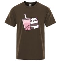 Panda Indulging In Bubble Tea Print Tshirts Men Loose Clothing Cartoon Mens Gildan