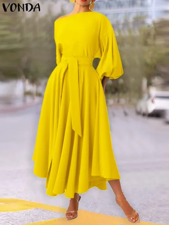 A HOT】 Oversized Vestidos Women Elegant Party Dress 2022 VONDA Female A  Line Robe Three Quarter Sleeve Sundress Casual Loose Midi Dress | Lazada PH
