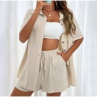 [COD] 2022 summer new European and fashion simple natural linen casual ladies short-sleeved 2-piece suit