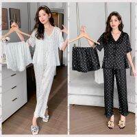 COD SDFGERGERTER Lattice Permium High Quality Ice Silk 3 Pcs/set Short-sleeved Shorts and Trousers Casual Suit pajama terno for woman