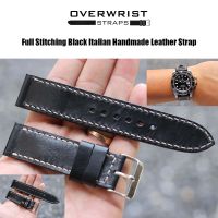 สายนาฬิกา สายหนังวัวแท้ overwrist full stitching black italian handmade leather strap