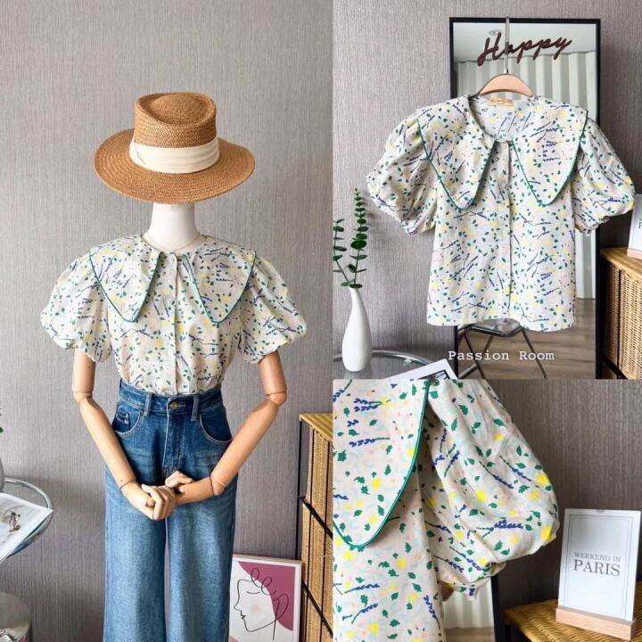 original-korea-linen-balloon-blouse-เสื้อคอแต่งปกวี-แขนบอลลูน-ทรงน่ารักมากค่า