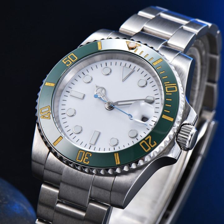 นาฬิกานาฬิกากลไกอัตโนมัติสีขาวปลอดเชื้อสุดหรูสำหรับผู้ชายแหวนเซรามิกสีเขียวสีสแตนเลส