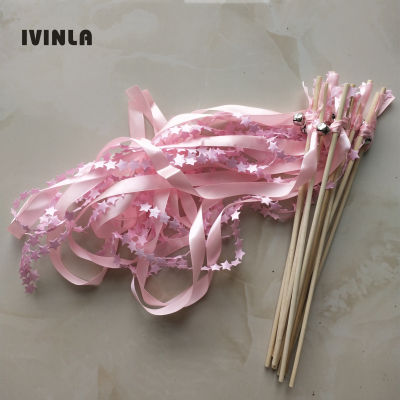 30pcslot pink ribbon wands with star for wedding decoration