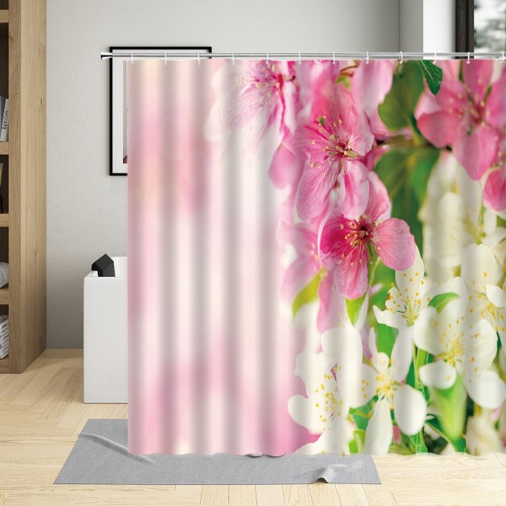 flowering-peach-blossom-pink-shower-curtain-floral-plant-flower-art-home-decor-waterproof-fabric-bathroom-curtains-with-hooks