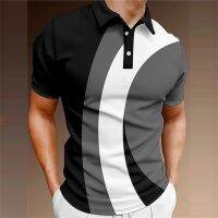 Summer Mens Casual Polo Shirt Geometric Figure Diagonal Stripe Printed Golf Shirt Fashion Versatile