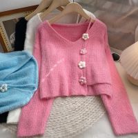 [COD] Small fresh blue short knitted sweater womens autumn and winter 2022 new Korean version all-match slim V-neck long-sleeved