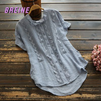 BREINE ฝ้ายฤดูร้อนของผู้หญิงลูกไม้แขนสั้นด้านบนหลวมใบบัวเสื้อคอปก503T237