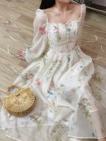 ♛❃❄ Chiffon Floral Midi Dress Office Lady 2023 Summer Elegant One Piece Dress Korean Fashion Beach Style Causal Long Sleeve Sundress