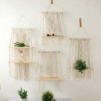 Macrame ชั้นไม้ลอยน้ำสำหรับตกแต่งชั้นแขวนผนัง,การตกแต่งบ้านโบฮีเมียนในร่มและกลางแจ้งเชือกทำมือสำหรับวางต้นไม้