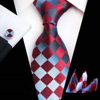 38 Colors Fashion 8cm Silk Tie Set for Men Plaid Floral Necktie Cufflik Pocket Square Jacqiard Suit Mens Bule Ties Handkerchief