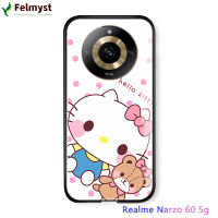 สำหรับ Realme 11 5G Realme Narzo 60 5G เคสลายการ์ตูนสำหรับเด็กผู้หญิง Hello Kitty KT ปลอกฝาหลังกระจกนิรภัยมันวาวแมว