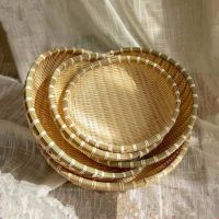 Round bamboo woven storage basket food tray sieve household perforated fruit basket washing vegetable basket