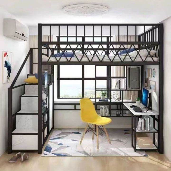 Simple modern loft-style bed Elevated sheets Upper small-sized children ...