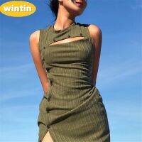 Wintin Popular Light Mature Womens Clothing Design Sleeveless Hollow Button Stitching Two-Way Mid-Length Dress