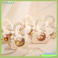 SFAJAI 10PCS ลายจุดกลม กล่องของชำร่วยงานแต่งงาน โบว์สำหรับผูก พร้อมที่จับ กล่องบรรจุภัณฑ์ของขวัญ ของที่ระลึกของสะสม ของตกแต่งงานปาร์ตี้ กล่องขนมช็อกโกแลต อุปกรณ์งานเลี้ยงวันเกิดงานแต่งงาน