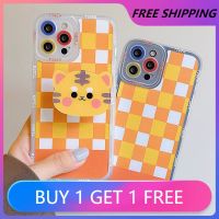 ✧♗✚ Funny Cartoon Tiger Big Cat Bracket Holder Phone Case For IPhone 13 MIni 12 11 Pro Max XR XS X Cute Animal Lattice Soft TPU Cove