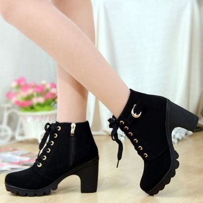 TMR HOT Girl Women High Top Heel Lace Up Ankle Boots Suede Shoes