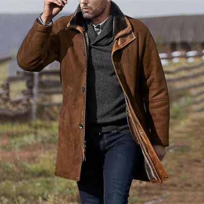 Jaket Bulu Vintaj Lelaki Musim Sejuk Hangat Tebal Lapel Buttoned Zip Panjang Kot untuk Lelaki Fesyen Longgar Windbreaker Pakaian Luar