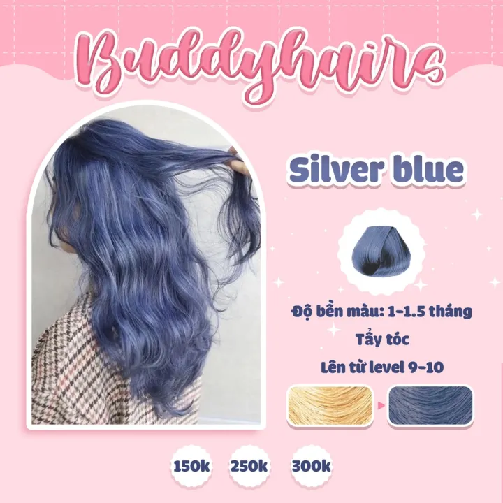 nhuộm tóc màu Silver Blue / Xanh khói / Xanh ánh khói của Buddyhairs tặng  kèm 1 hộp tẩy 50K, găng tay, mũ trùm 