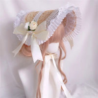 Handmade Lolita Pastoral Bonnet Straw Hat Sweet Ruffled Lace Trimming Ribbon Elegant Tea Party Floral Cosplay Beret Lolita