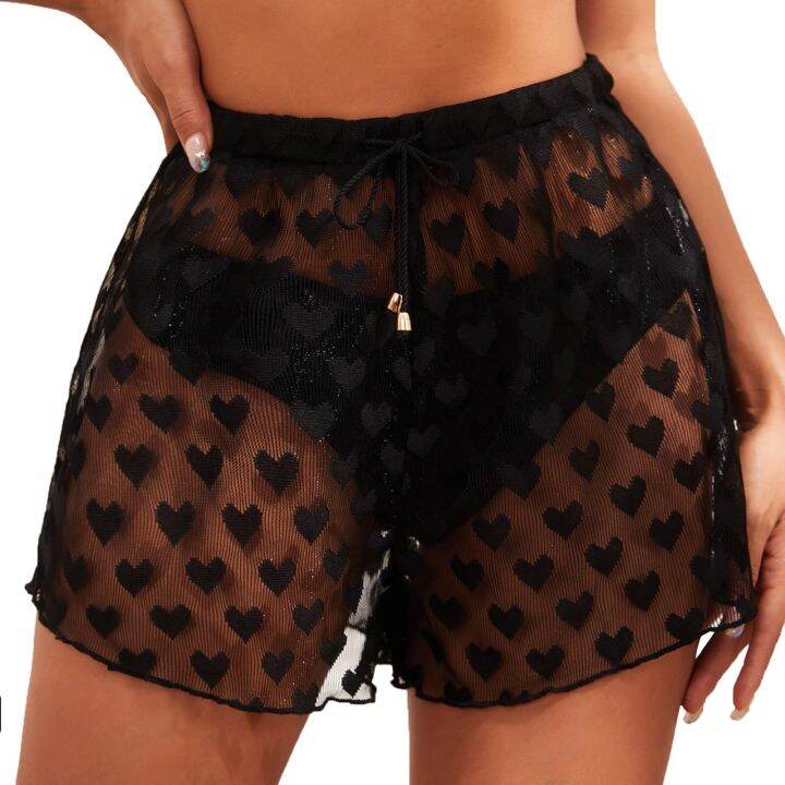 Mesh Beach Shorts Solid Heart Cover Up Wrap Swimwear Female Set Sarong