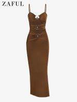 ZAFUL Womens Party Maxi Dress Cami Spaghetti Strap Cut Out Metal Hardware O Ring Slinky Bodycon Ruched