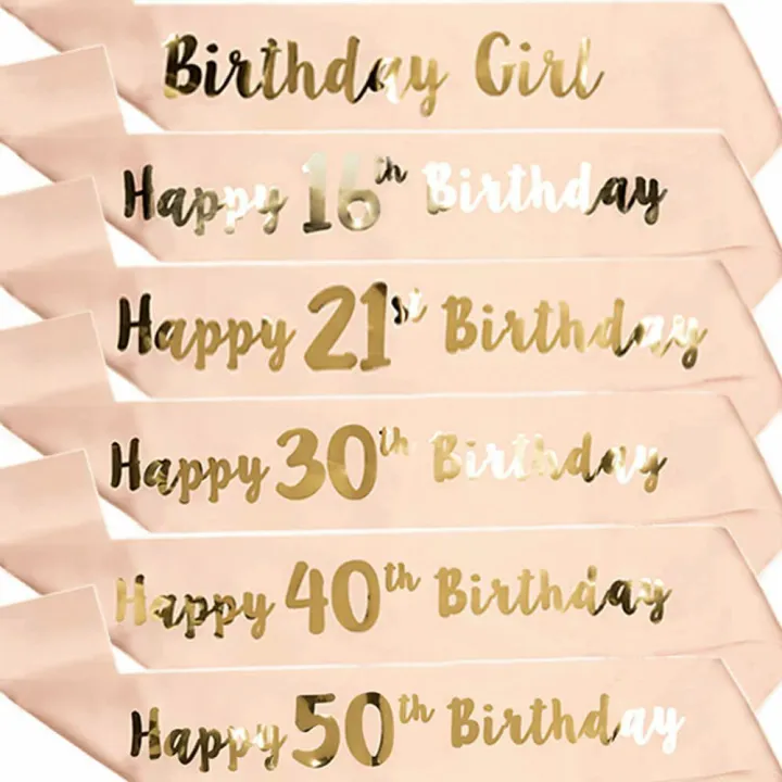 1PC Rose Gold Happy Birthday Sash 18/21/30/40/50/60 Girl for Party Decoration