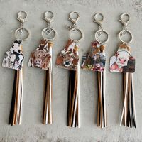 【CW】◐  Print Cattle Tag Keychain Show and Tassel Rings Fob Cowgirl Jewelry Wholesale