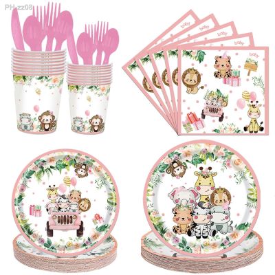 Safari Baby Shower Decorations for Girl Pink Zoo Jungle Theme Birthday Party Decoration Tablecloth Paper Cups Plates Cake Topper