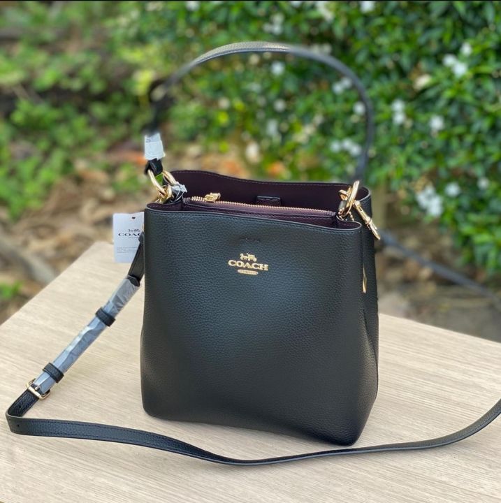 J2HL Coach 1011 Small Town Bucket Bag in Black / Oxblood Polished Pebble  Leather - Women's Shoulder Bag with Detachable Sling