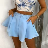 Ruffle A-line Womens Shorts Casual Blue Loose Flare Short Pants 2022 Summer High Waist Ladies Pocket Fashion Match All Shorts