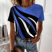 Summer Womens Casual Wave Stripes 3D Printed T-shirts Girls Harajuku Style Streetwear Tees O-neck Popular Oversized Pullover