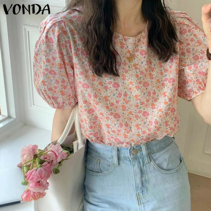 จัดส่งฟรี-fancystyle-vonda-ผู้หญิงลำลองชายแขนสั้น-o-คอเสื้อยืดฤดูร้อนพิมพ์ลายดอกไม้เสื้อจีบ