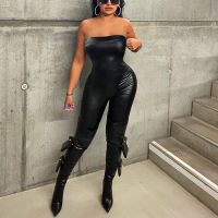 PU leather dress black strapless cultivate ones morality with high waist and buttock jumpsuit sexy tight conjoined trousers new female